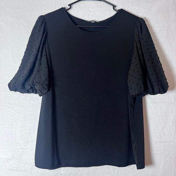Adrianna Papell Tops - Adrianna Papell Size Large Black Puff Sleeve Swiss Dot Top Blouse Elegant Dressy